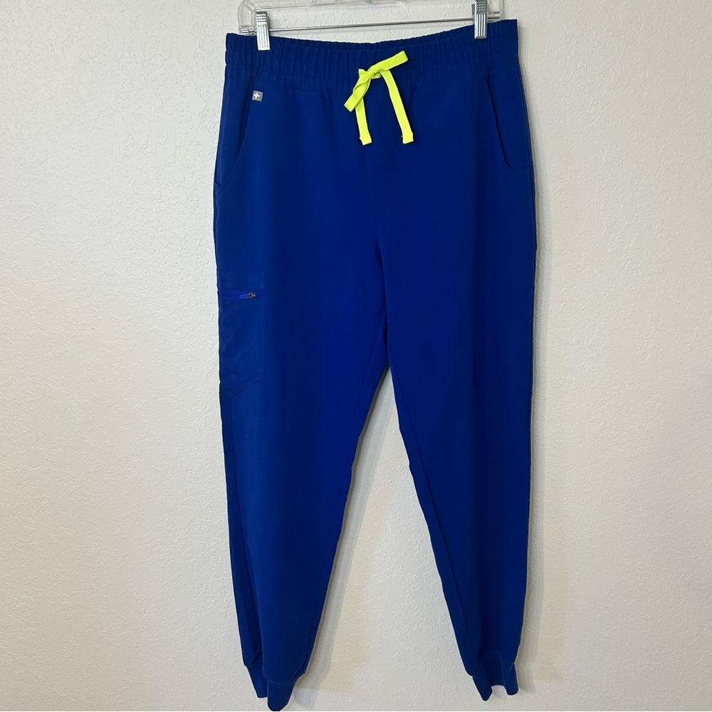 Figs Zamora Jogger Style Scrub Pants in blue neon yellow drawstring Size Medium